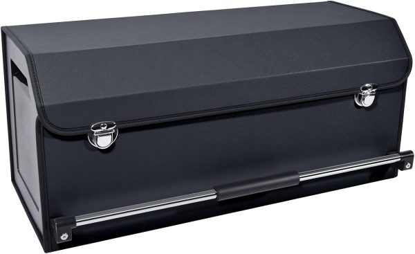 Car Organizer Trunk, Durable Collapsible Leather Trunk Organizer with Lid and Sturdy Handle, Auto Cargo Storage Compartments, /Car Accessories for Men/Women (11.4 x 27 x 12.2, Black)