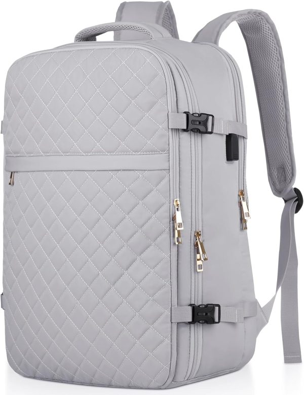 Large Travel Backpack Women, Flight Approved Carry On Backpack, Water Resistant Anti-Theft Large Casual Daypack Fit 17 Inch Laptop with USB Charging Port, Grey